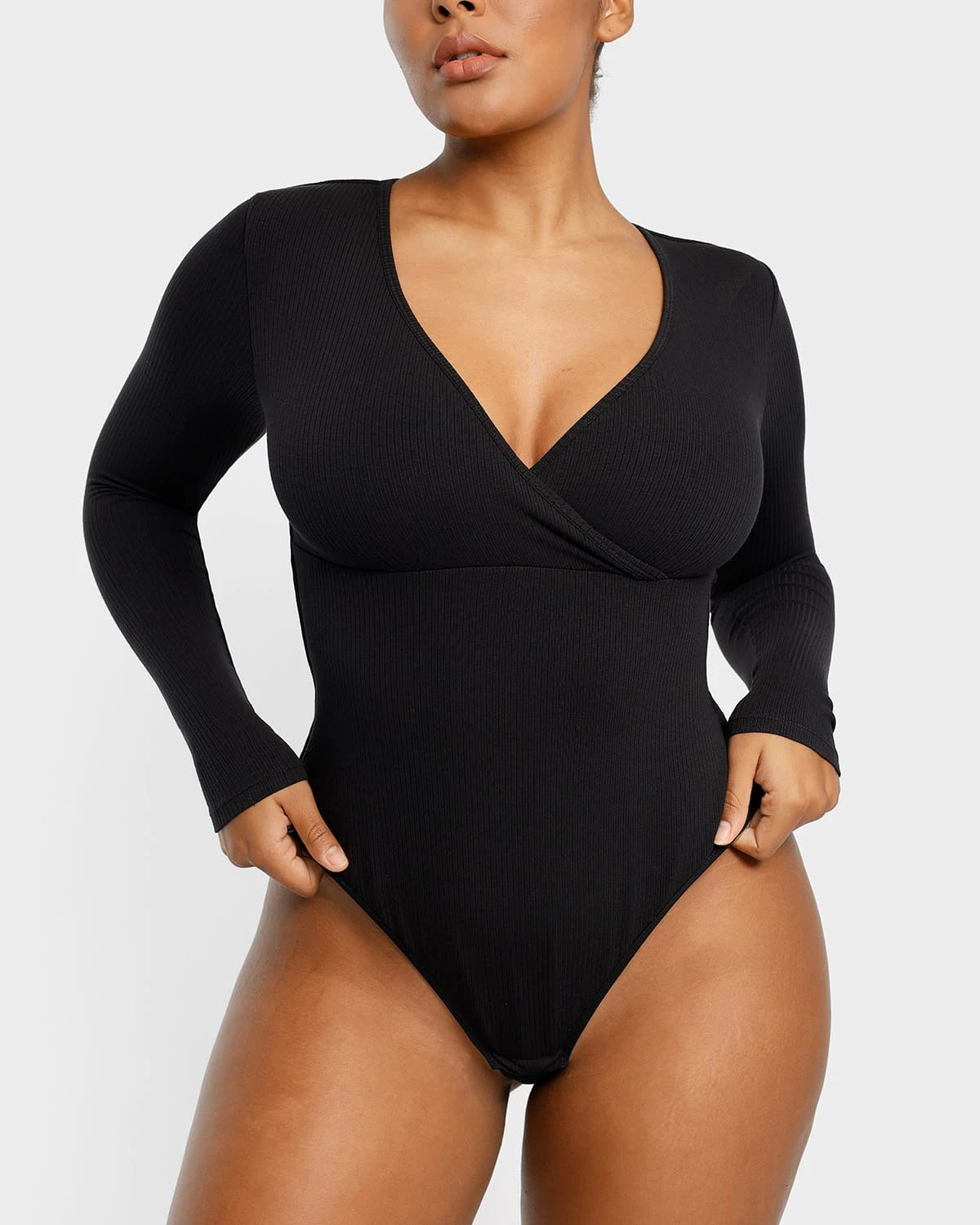 Cozy Ribbed Chic Cut Out Bodysuit V Neck Shapewear With Long Sleeves