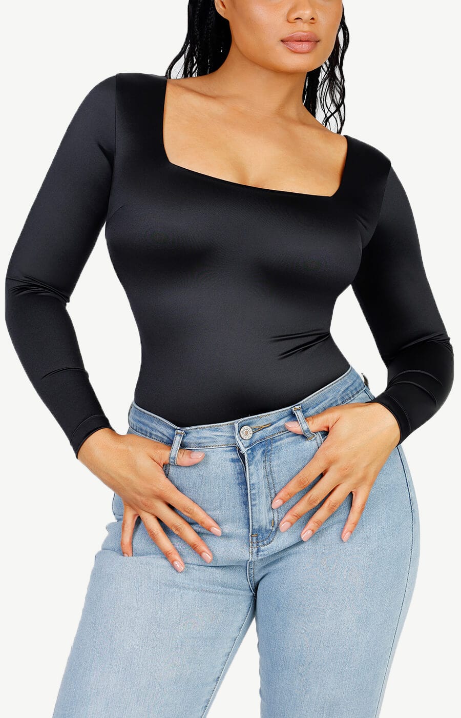 Square Neck Long Sleeve Sleek Thong Bodysuit