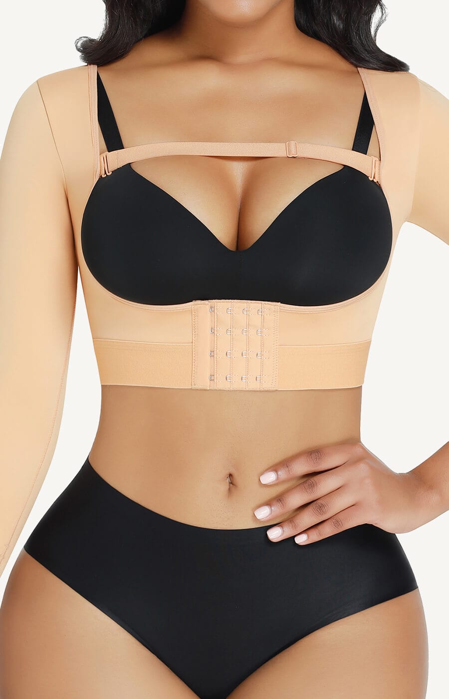 Open-bust style elastic strappy sleeve high waist slimming body shaper