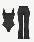 Bundle 1 Cami Thong Bodysuit + 1 Front Slit Flare Legging