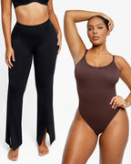 Bundle 1 Cami Thong Bodysuit + 1 Front Slit Flare Legging