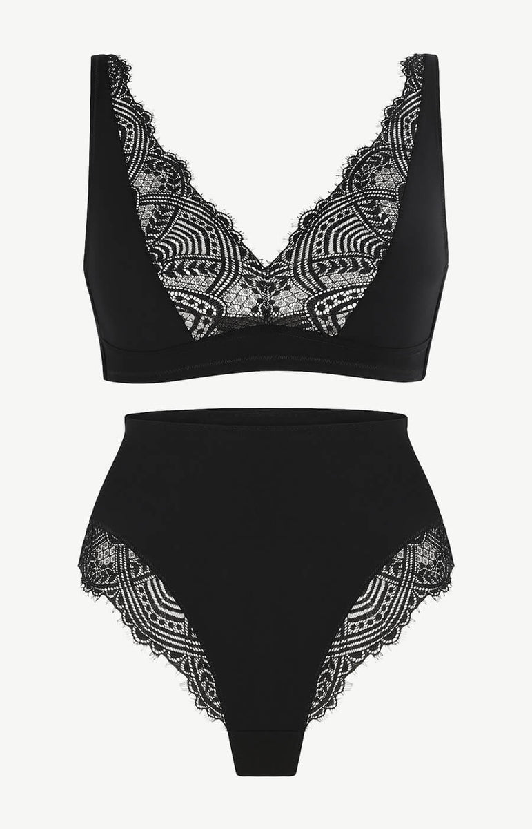 Sexy Black Lingerie Set Lace Cutout Three-Piece Bralette and Panty –  KesleyBoutique