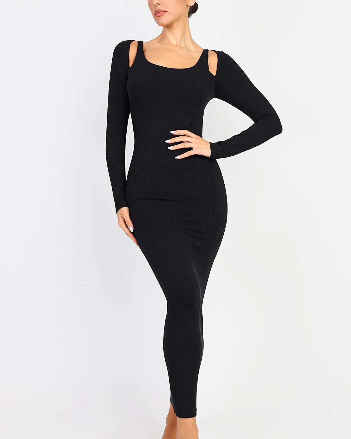 Cozy Ribbed Shoulder Cut-Out Shaping Dress