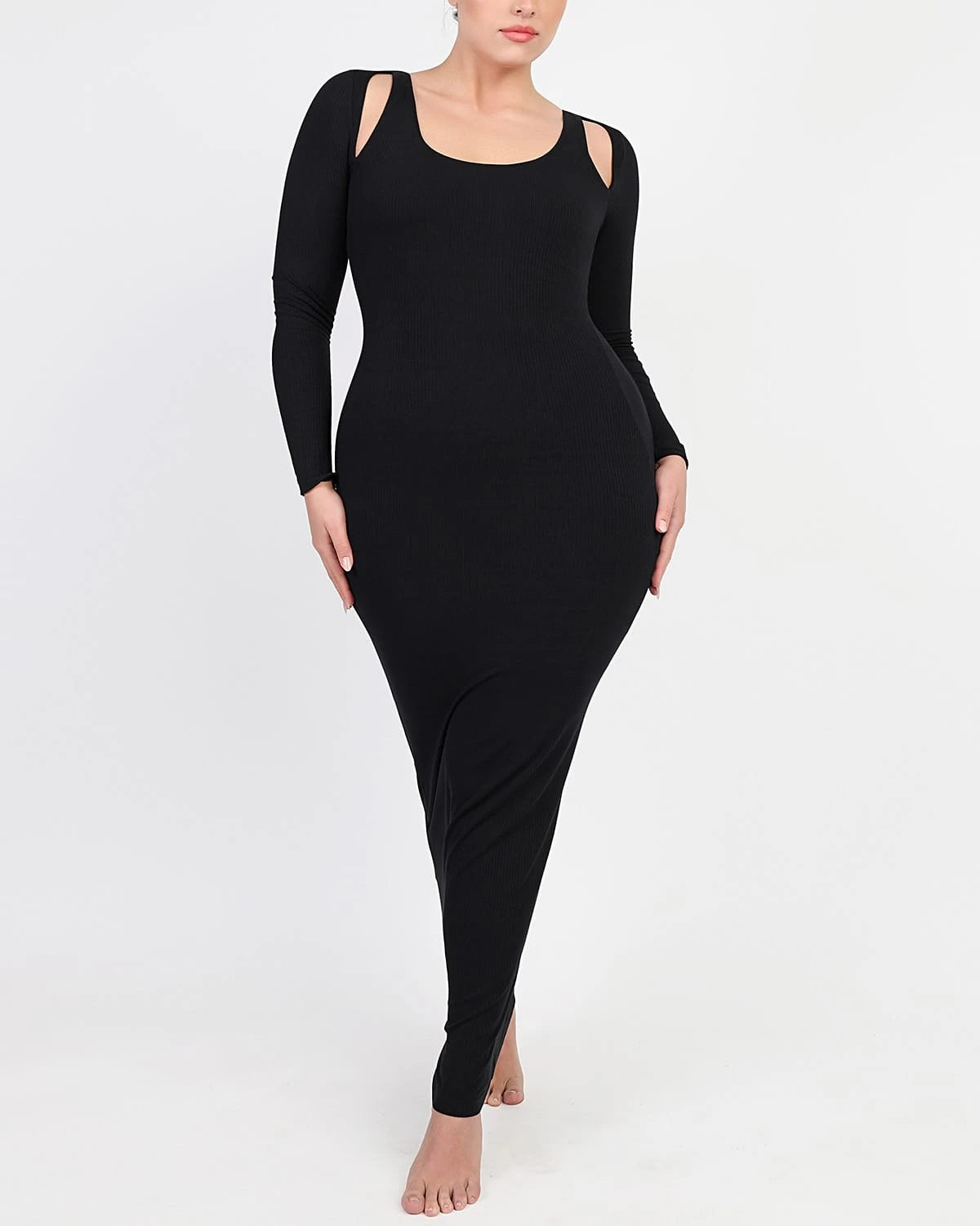 Cozy Ribbed Shoulder Cut-Out Shaping Dress