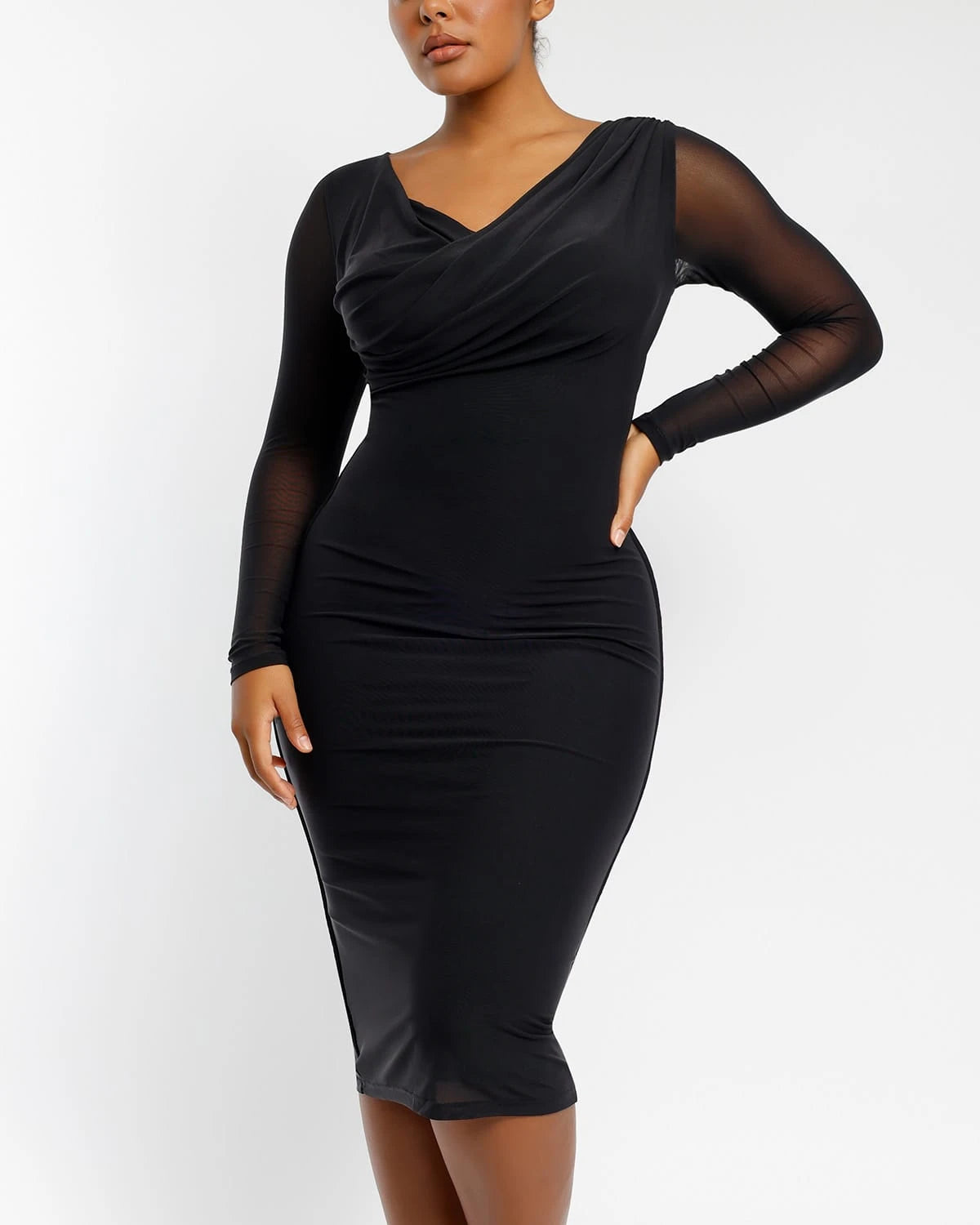 Mesh Draped V-Neck Shaping Dress