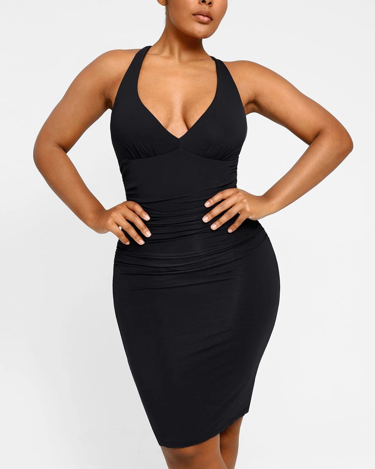 Ruched Deep Plunge Midi Shaping Dress