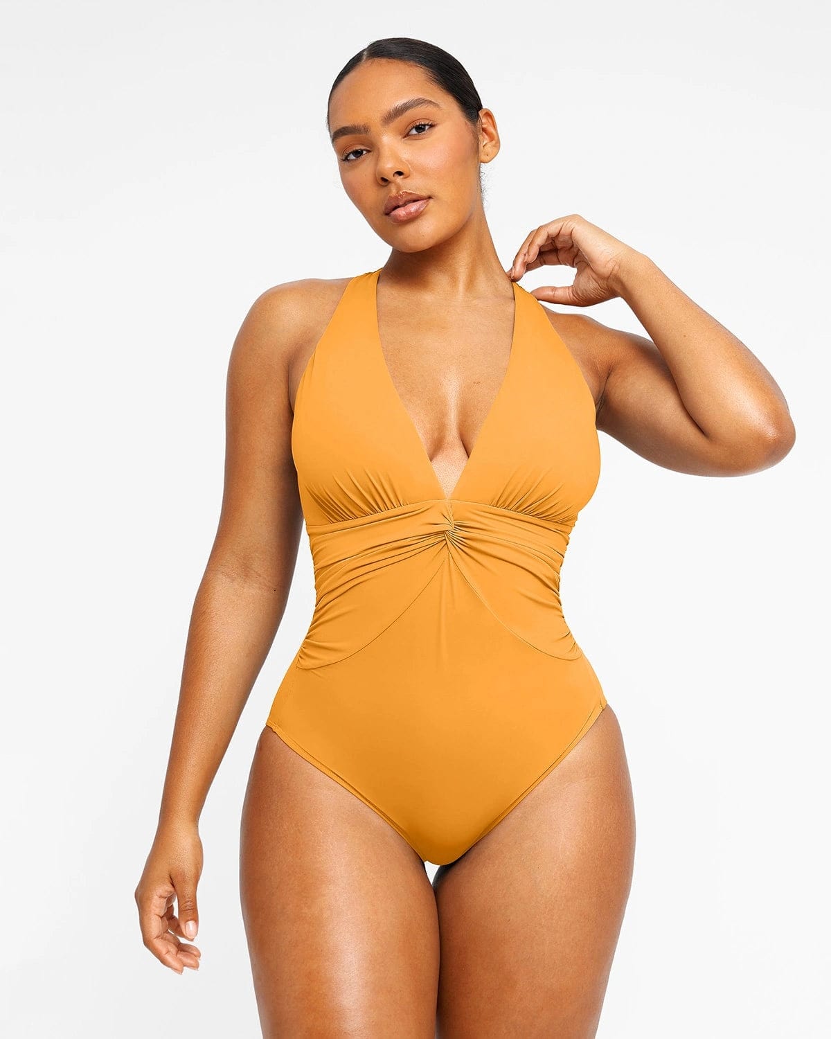 Express Bodycon Compression Silky Knotted Front Thong Bodysuit With  Removable Cups Orange Women's XL